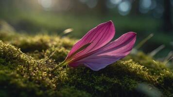 A close-up of a vibrant pink flower petal resting on soft moss in a serene forest setting. photo