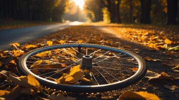 A bicycle wheel rests on a road covered with autumn leaves, illuminated by soft sunlight. photo