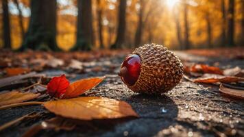 A close-up of an acorn on a path surrounded by autumn leaves and trees. photo