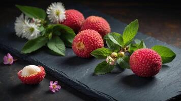A display of lychee fruits with flowers and leaves on a slate board. photo