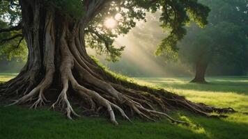 A majestic tree with sprawling roots bathed in sunlight, creating a serene natural scene. photo