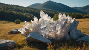 A large cluster of clear quartz crystals in a grassy landscape surrounded by mountains. photo