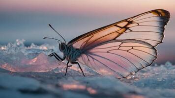 A close-up of a delicate butterfly resting on ice, showcasing intricate wing patterns. photo