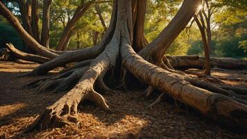 A close-up view of a large tree's roots in a serene forest setting. photo