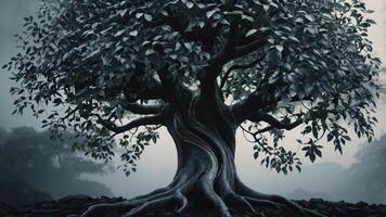 A majestic tree with intricate roots and leaves, set against a misty background. photo