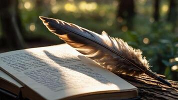 A quill rests on an open book, illuminated by soft, natural light in a serene setting. photo