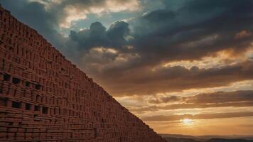 A dramatic sunset behind a brick structure, showcasing industrial architecture. photo