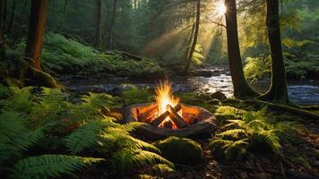 A tranquil campfire in a lush forest, illuminated by sunlight filtering through trees. photo