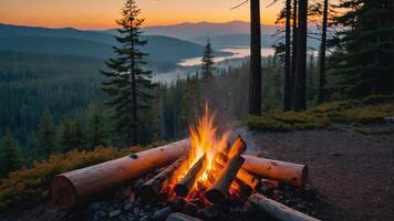 A warm campfire in a serene forest setting at sunset, perfect for relaxation and gathering. photo