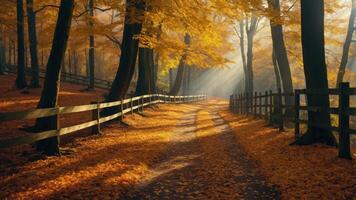 A serene forest path lined with autumn leaves and sunlight filtering through the trees. photo