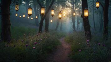 A serene forest path illuminated by lanterns, surrounded by flowers and mist. photo