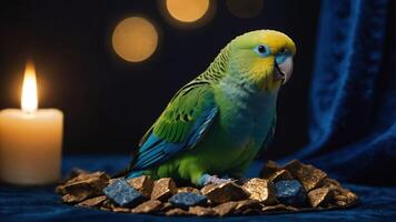 A vibrant parakeet perched on decorative stones beside a lit candle, creating a serene ambiance. photo