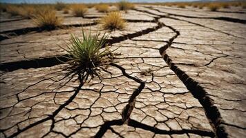 Cracked dry earth with sparse grass, illustrating drought and environmental change. photo