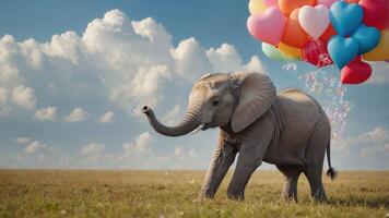 A playful elephant holds colorful heart-shaped balloons in a vibrant sky. photo