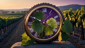 A clock entwined with grape leaves in a vineyard at sunset. photo