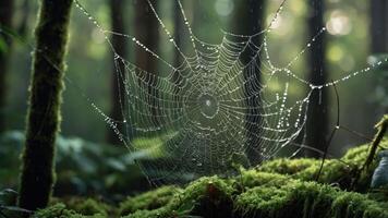 A delicate spider web adorned with dew in a lush forest setting. photo