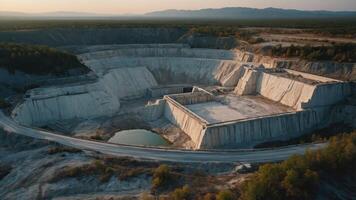 Aerial view of a large quarry, showcasing steep walls and a water-filled pit. photo