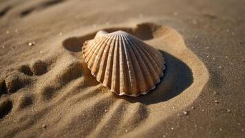 A scallop shell resting on sandy beach, highlighting nature's beauty and coastal life. photo