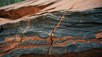 Close-up of textured rock surface with cracks and vivid colors. photo