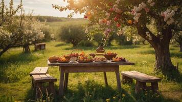 A rustic picnic setup with fruits and pastries under a blooming tree in a sunny orchard. photo