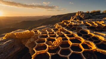 A close-up view of honeycomb structures illuminated by sunset light. photo