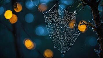 A spider web adorned with raindrops, illuminated by soft bokeh lights in a dark setting. photo