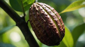 A close-up of a cacao pod hanging from a tree branch. photo