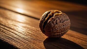 A close-up of a walnut resting on a wooden surface, highlighting its texture and natural beauty. photo