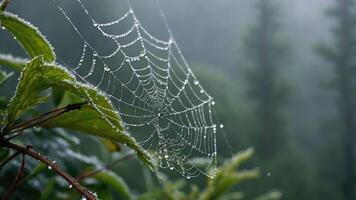 A close-up of a dew-covered spider web on foliage in a misty environment. photo