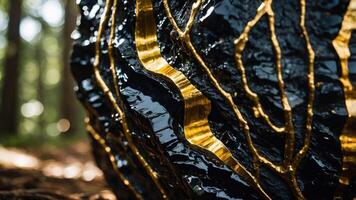 A close-up of a rock with golden veins in a forest setting. photo