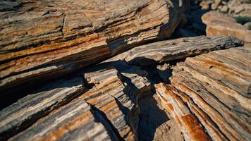 Close-up of layered sedimentary rocks showcasing natural textures and colors. photo