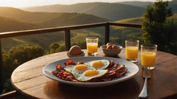 A breakfast scene featuring eggs, bacon, and juice with a scenic view of rolling hills. photo
