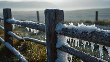 Frost-covered wooden fence with icicles in a serene, misty landscape. photo