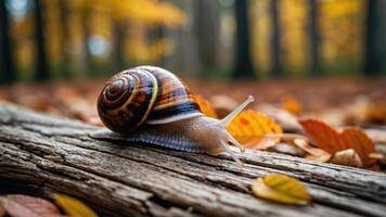 A snail crawling on a log surrounded by autumn leaves in a forest setting. photo