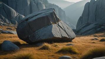 A large boulder rests in a grassy valley surrounded by rocky formations and distant mountains. photo