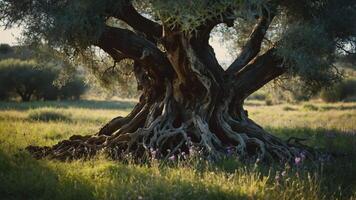 A majestic olive tree with intricate roots surrounded by lush grass and wildflowers. photo