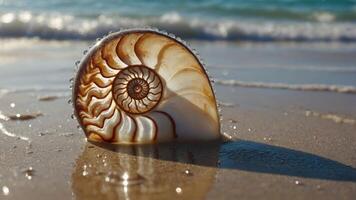 A nautilus shell resting on a sandy beach with gentle waves in the background. photo