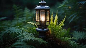 A lantern glowing softly amidst lush ferns in a serene, natural setting. photo
