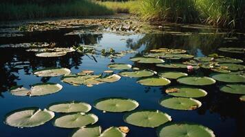 A serene water scene featuring lily pads on a calm pond surrounded by lush greenery. photo