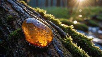 A close-up of amber resting on a mossy tree trunk, illuminated by soft sunlight. photo