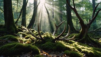 Sunlight filters through trees onto mossy ground with deer antlers in a serene forest setting. photo