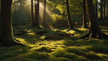 A serene forest scene with sunlight filtering through trees onto a moss-covered ground. photo