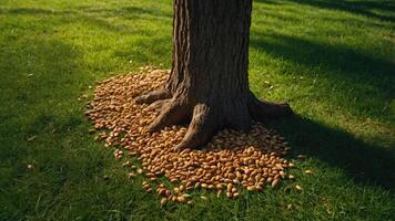 A tree trunk surrounded by a pile of acorns on green grass. photo