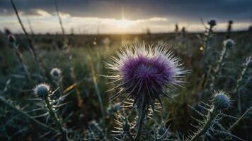 A close-up of a thistle flower with a sunset backdrop in a field. photo
