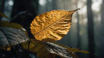 A close-up of a golden leaf illuminated by soft light in a misty forest. photo