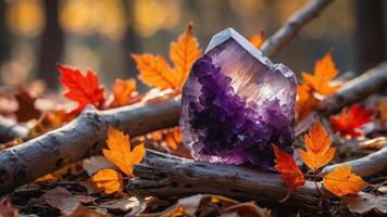 A vibrant amethyst crystal surrounded by autumn leaves and branches in a natural setting. photo