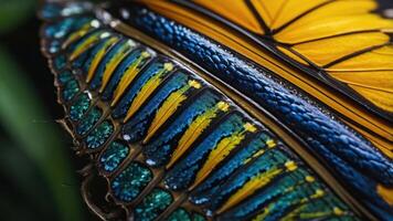 Close-up of a butterfly's vibrant wing patterns showcasing intricate details and colors. photo