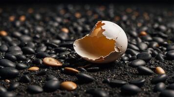 A cracked eggshell on a bed of pebbles, symbolizing new beginnings and nature's cycle. photo