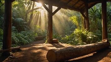 A serene forest scene with sunlight filtering through trees, creating a peaceful atmosphere. photo