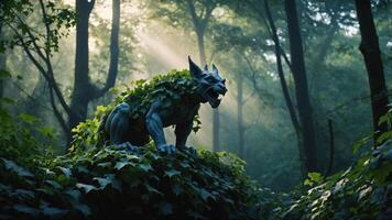A mythical creature covered in ivy, perched in a misty forest. photo